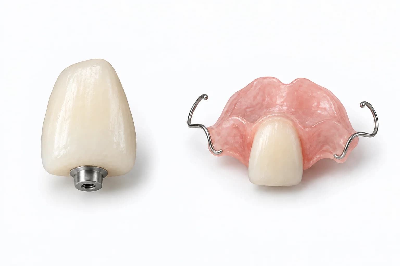 Solda titanyum tabana (Ti-base) bağlı geçici kuron; kuronun altında kısa metal bağlantı görünür. Sağda pembe akrilik taban, bir yapay ön diş ve tutucu tellerden oluşan hareketli bölümlü protez örneği.