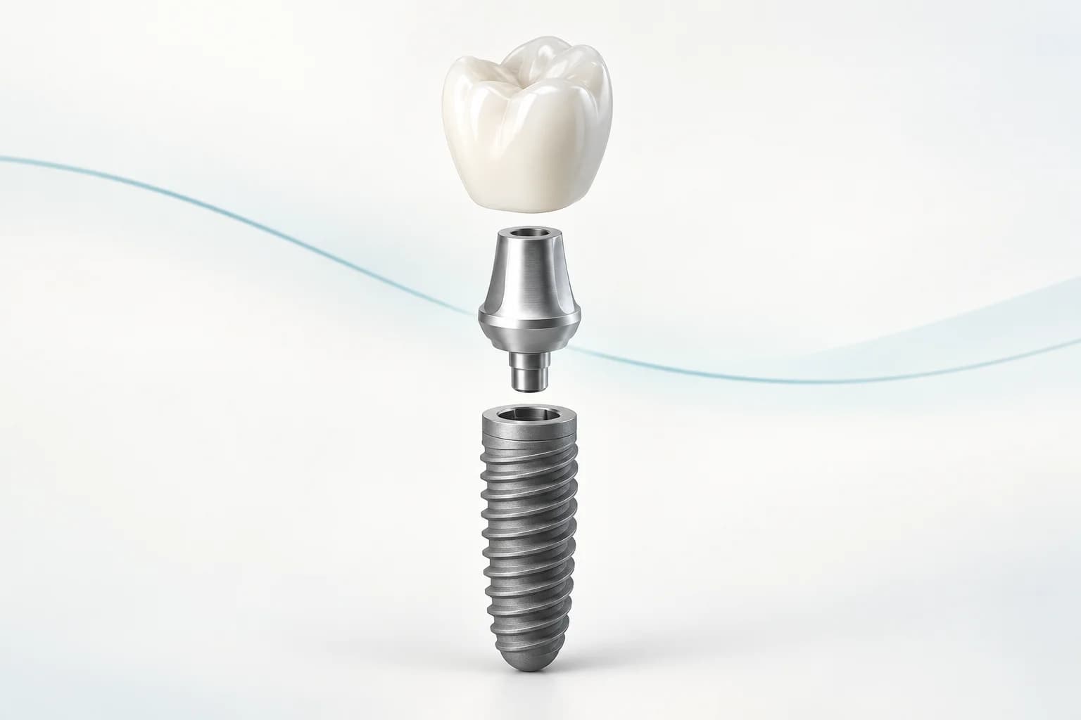 Separated parts of a single implant restoration: a white crown at the top, a metal abutment in the middle and a threaded implant body at the bottom.