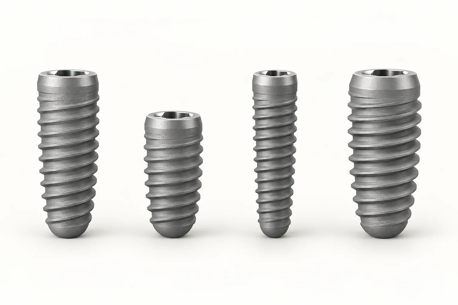 Four schematic implant bodies on the same baseline, from left to right: standard, shorter, narrow-diameter and wide-diameter.