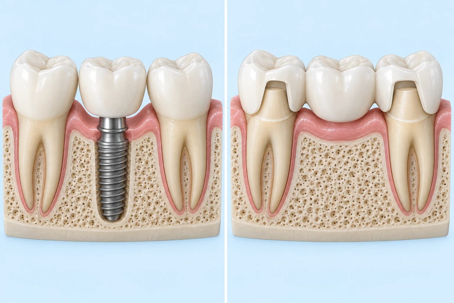 Solda iki doğal komşu diş arasında tek implant destekli kuron; sağda iki doğal destek dişe bağlı, orta gövdesinin altında kök bulunmayan geleneksel üç üyeli köprü.