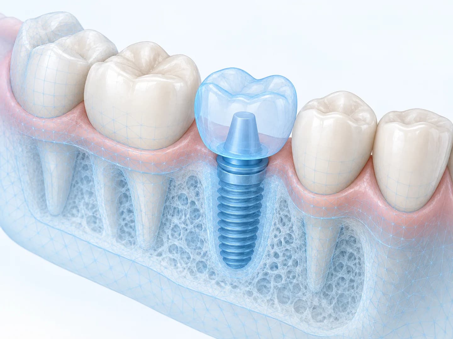 Diş yüzeyleri ve şeffaf kemik modeliyle birlikte mavi renkte gösterilen sanal implant ve protez diş tasarımı