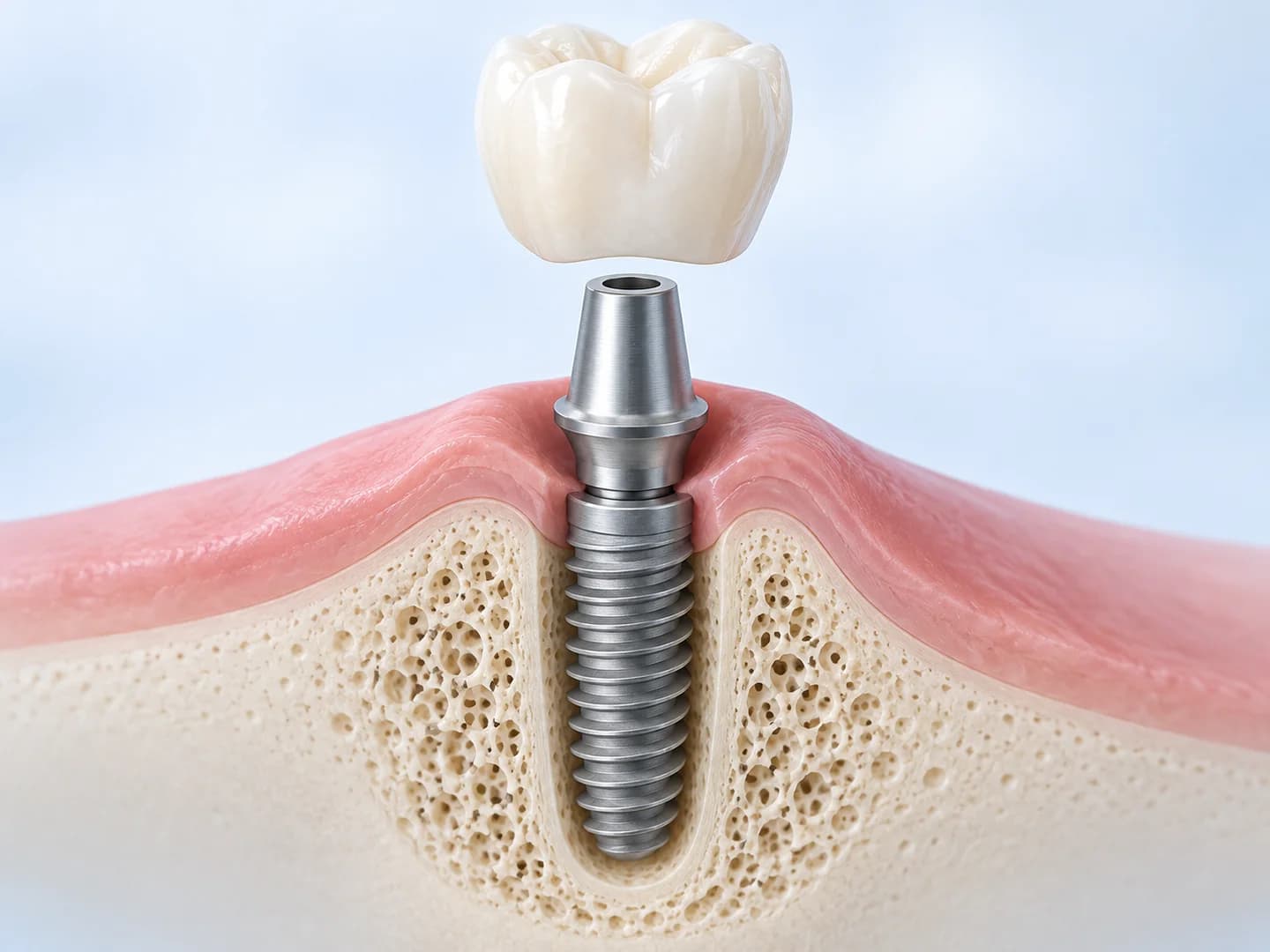 Kemik içindeki implant gövdesi, diş etinden çıkan dayanak ve üzerinde ayrı gösterilen protez kuron