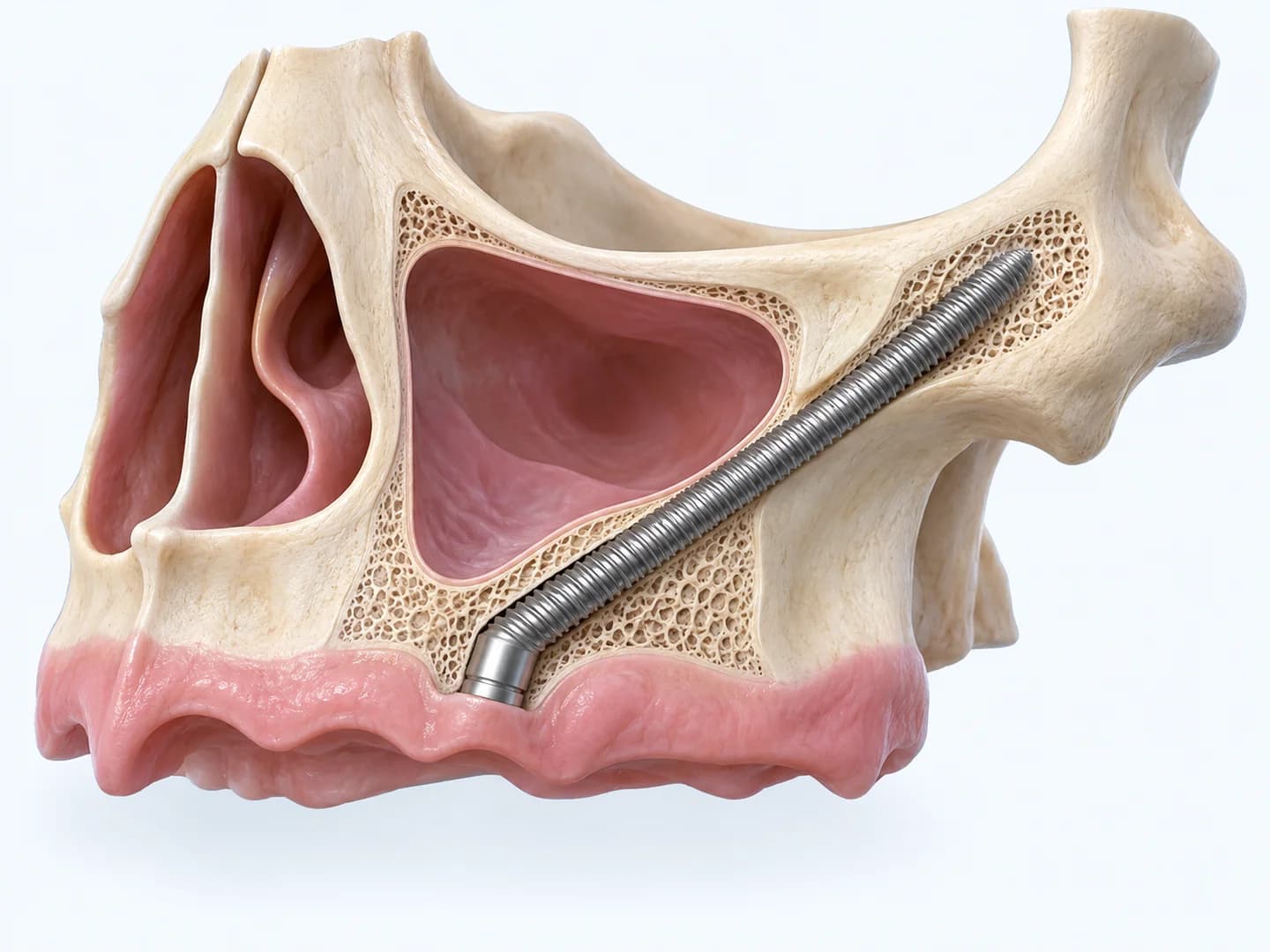 Üst çeneden elmacık kemiğine uzanan zigomatik implantın şematik kesiti